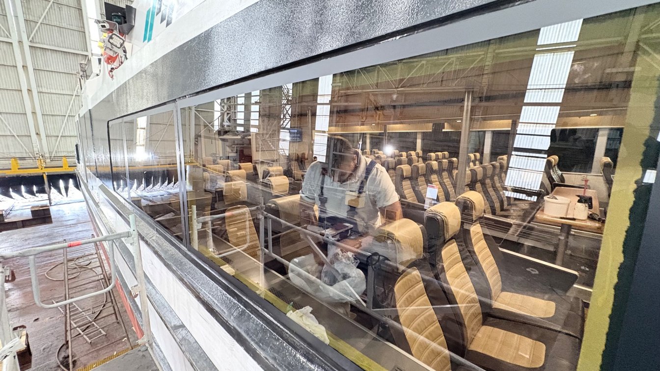 Tomasz Lezon during finishing work inside a passenger vessel